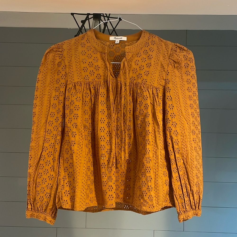 Madewell Mustard Eyelet Long-Sleeve Peasant Blouse